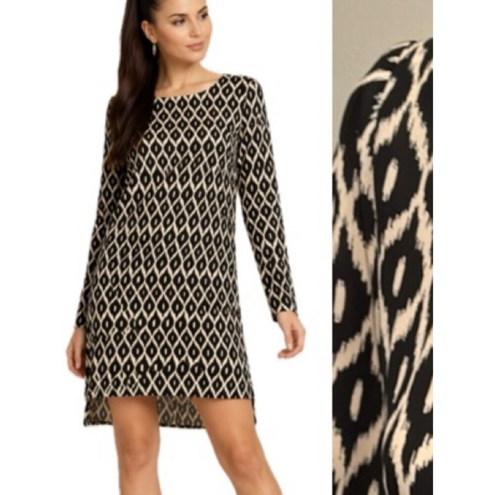 WAYF Ikat Print Long Sleeve Dress Size Small Black & Beige A-Line Aztec Shift